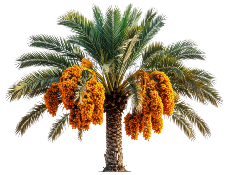 Date palm tree laden with clusters of ripe fruit. Lush green fronds radiate outward from a sturdy trunk