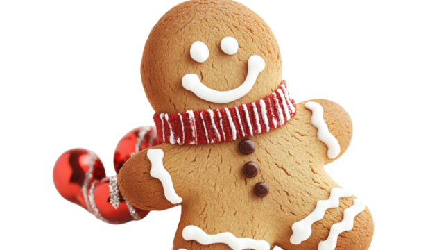 Gingerbread man with red scarf and ornaments isolated on a transparent background - Powered by Adobe