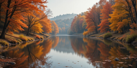 Autumn reflection on serene lake vibrant foliage nature photography tranquil environment wide angle view