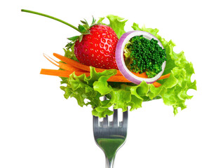 Forkful of fresh, vibrant salad with strawberries, carrots, lettuce, and red onion atop a fork