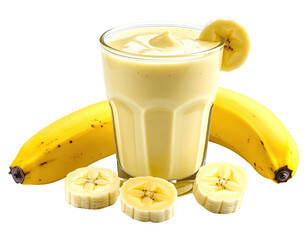 Creamy banana smoothie in a glass, with sliced bananas