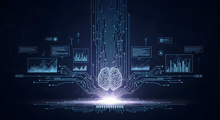 Artificial Intelligence Digital Brain and Data Analysis on Tech Circuitry