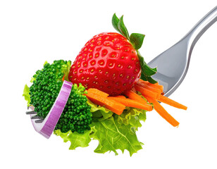 Forkful of fresh, vibrant salad with a strawberry, broccoli, carrot, and red onion