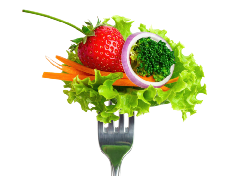 Forkful of fresh, vibrant salad with strawberries, carrots, lettuce, and red onion atop a fork