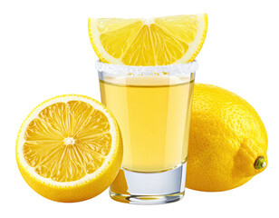 Shot glass of tequila with lemon slices and salt rim