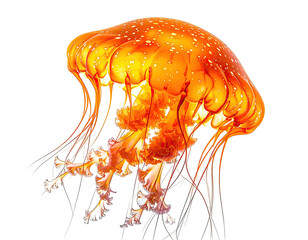 Fiery orange jellyfish, translucent, detailed tentacles