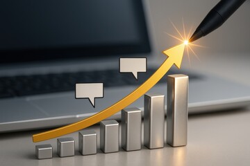 Stylus drawing golden arrow on bar chart with speech bubbles representing business growth and communication strategy
