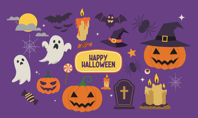 Halloween graphic elements pumpkins, ghosts, bats and candles for festive holiday fun. Vector illustration.