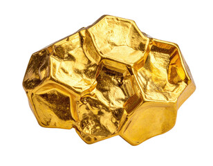 Close-up of a sculpted golden nugget.  Rough, multifaceted golden shapes cluster together