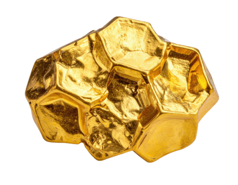 Close-up of a sculpted golden nugget.  Rough, multifaceted golden shapes cluster together