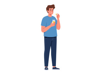 Man in blue shirt holding a pill and a bottle, preparing to take medication, isolated on white.