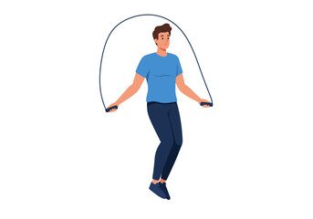 Obraz premium Man in blue shirt and jeans jumps rope against a white background in a vector illustration.