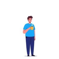 Fototapeta premium A man in casual attire holding a yellow mug with steam rising.