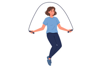 Obraz premium A woman with brown hair is jumping rope against a white background.