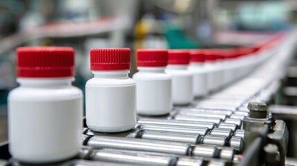 High volume pharmaceutical bottles with red caps moving on automated conveyor belt in modern production facility