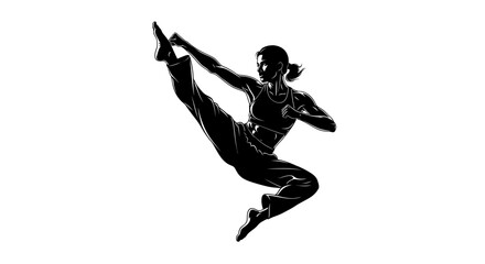 Dynamic Combat Silhouette of a Female Martial Artist Executing a Powerful High Kick Attack