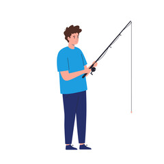 Obraz premium A man in a blue shirt fishing with a rod, isolated on white background.