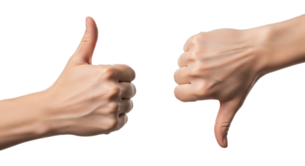 Photorealistic fair-skinned adult hands, well-manicured, isolated on a transparent studio background. Left hand thumbs-up, right thumbs-down. Concept of approval and disapproval
