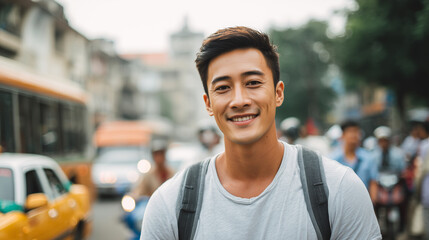 Fototapeta premium handsome young asian man wearing a short-sleeved shirt and a backpack is smiling at the camera, standing outdoor street in hanoi, vietnam, bustling traffic, bright smile. Exploring asian city, travel 