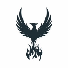 Phoenix rising from flames, wings spread, stylized vector illustration.