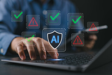 AI Safety and Ethics Concept. Typing on a laptop surrounded by digital icons, AI shields, checkmarks, warning signs. Ethical guidelines and safety protocols in artificial intelligence systems.