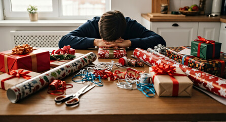 Tired Child Resting Amidst Gift Wrapping Chaos in Festive Kitchen Scene