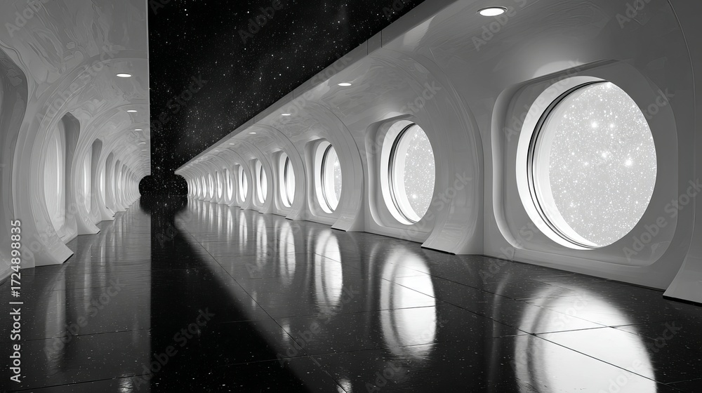 Wall mural journey through a gleaming futuristic spaceship corridor with star-filled windows showcasing the vas