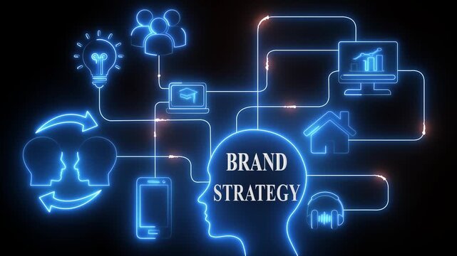 Brand Strategy Neon Network Connections Digital Mind Map Business Growth Concept Ideas Innovation Technology Communication Marketing Planning Success