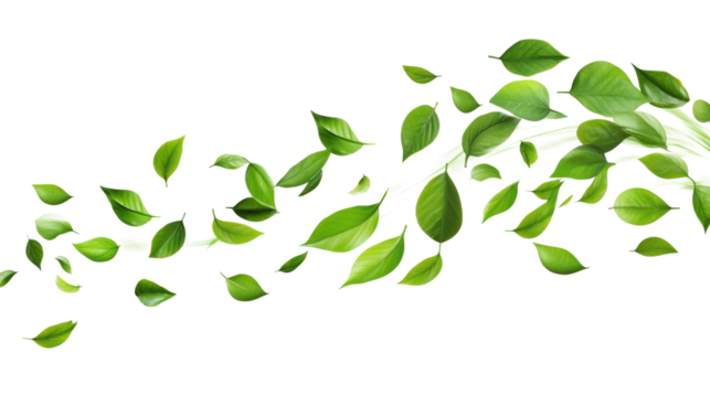Green leaves flying wave isolated on a transparent background
