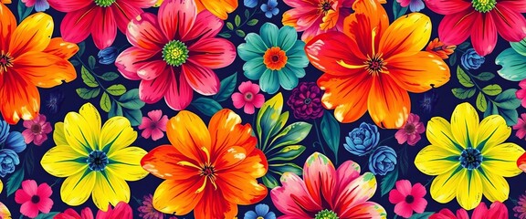 Vibrant gouache floral blooms, abstract shapes, seamless repeat,  vibrant,  seamless