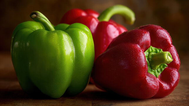 Fresh green and red bell peppers gening with water droplets on a wooden surface with a soft blurred background highlighting their vibrant colors and textures.