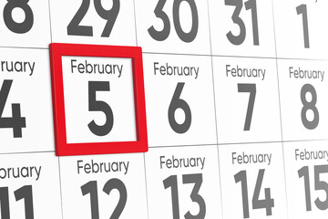 Date 5 February with red frame realistic calendar day design. Red frame shows the date February 5 3d illustration