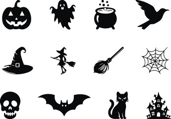 Halloween silhouette icon collection with pumpkin ghost witch bat cat skull spider web haunted house, cad drawing flat vector illustration