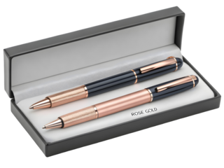 Rose gold and black pen set in a gray gift box isolated on transparent background