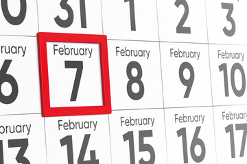 Date 7 February with red frame realistic calendar day design. Red frame shows the date February 7 3d illustration