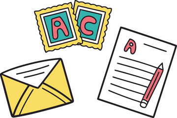 Cartoon Illustration of Mail, Stamps with Letters, and a Sheet of Paper with Pencil vector Illustration