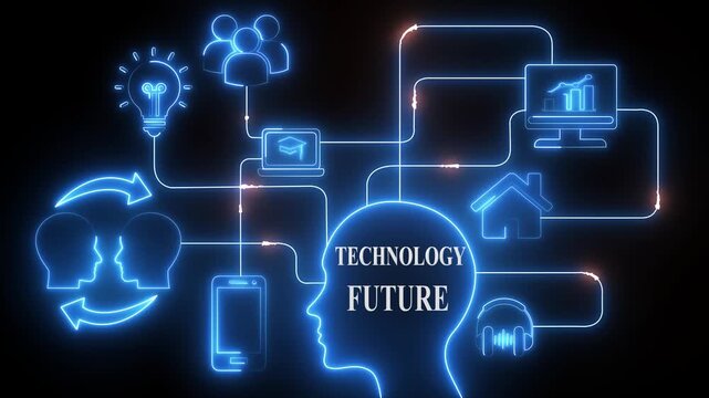 Futuristic technology network concept with glowing neon icons representing innovation communication education and data analysis connected by lines forming a digital brain and
