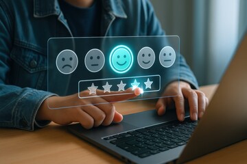 Person using laptop with floating holographic customer satisfaction rating and feedback icons
