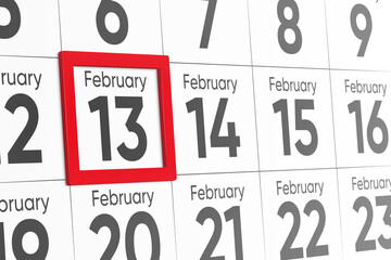 Date 13 February with red frame realistic calendar day design. Red frame shows the date February 13 3d illustration