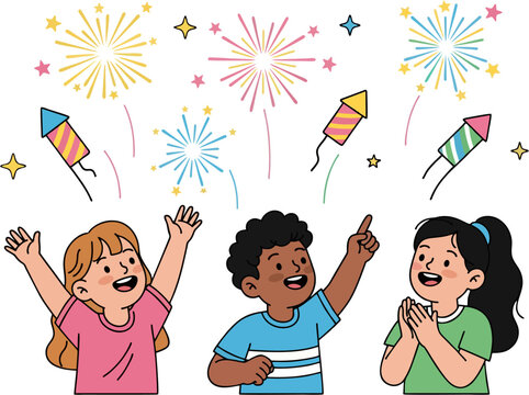 Diverse Cartoon Kids Watching Firework Rockets &ndash; Festive Vector Illustration of Children Celebrating