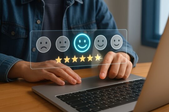 Person using laptop with five star rating and customer satisfaction icons for feedback and review
