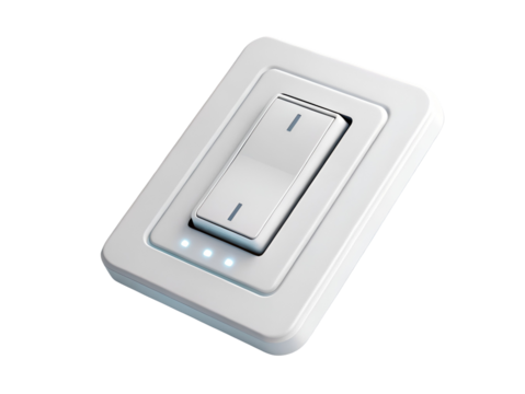 White 3D dimmer light switch with indicator lights isolated on transparent background
