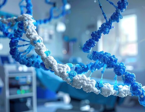 DNA double helix illustration in blue and white hues, against a blurred medical backdrop, creating a futuristic and scientific aesthetic
