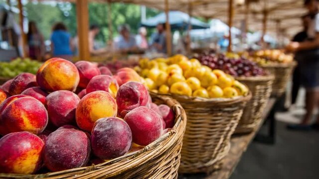Baskets of ripe peaches at an outdoor market.