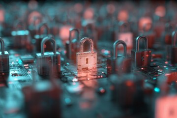 Digital Security Icons Representing Advanced Technology in Cybersecurity with Lock Symbol and Data Protection Themes