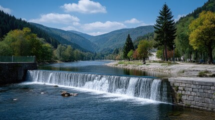 Fototapeta premium Scenic Hydroelectric Dam with Water Cascade Under Clear Sky in Mountainous Landscape with Forest Green Trees and Stone Structure, a River with Reflective Surface