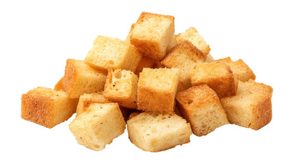 Pile of golden brown toasted bread cubes isolated on a transparent background