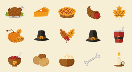 A vibrant collection of minimalist flat design icons depicting traditional Thanksgiving feast elements and holiday symbols, perfect for digital greetings or seasonal marketing. 