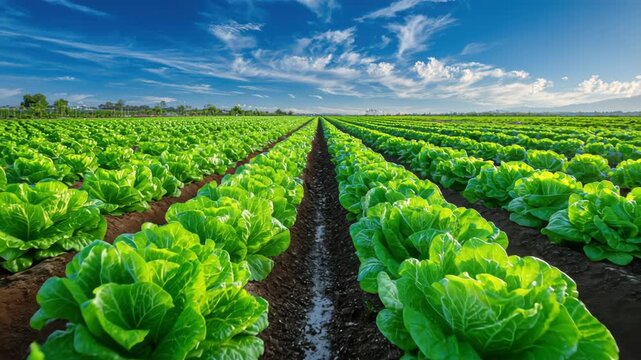Lush lettuce rows spread across a farmland landscape with vibrant greenery. Bright blue skies and fluffy clouds enhance the natural beauty of the scene during the day