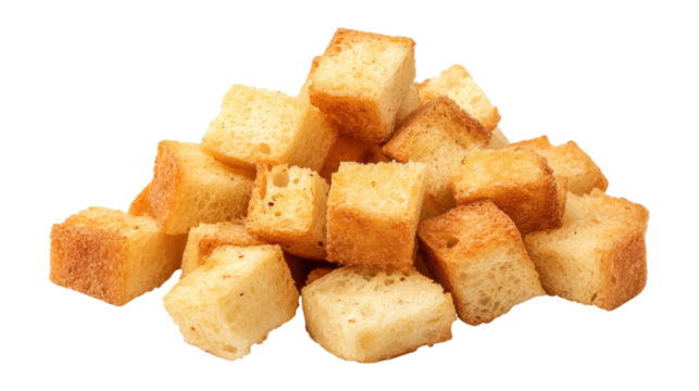 Pile of golden brown toasted bread cubes isolated on a transparent background
